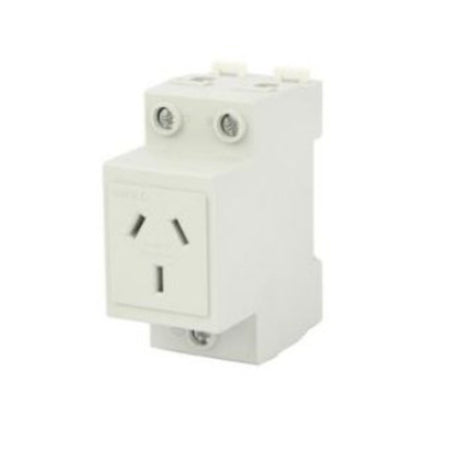 DIN mount GPO 3-pin 10A single socket for power access in switchboards and panels, suitable for tools and test equipment.