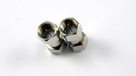 Double F male 75 Ω coaxial adaptor with threaded F-type male connectors for MATV, antenna, satellite and RF systems