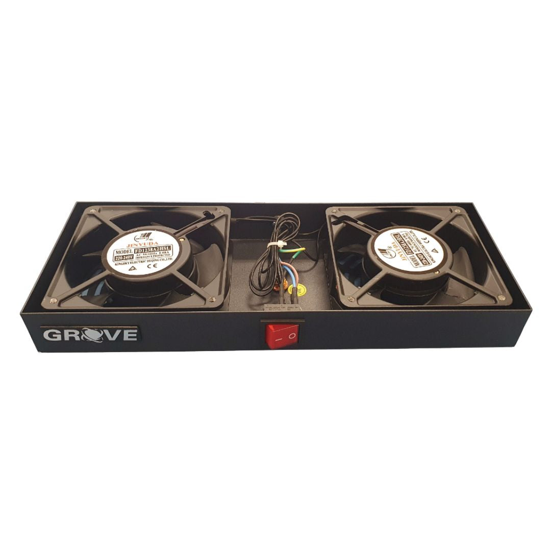 Grove Express Roof Mounted 2 Fans Unit black cooling system for rack cabinets, improves airflow and reduces heat.