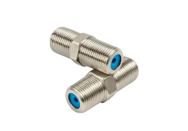F-type female to female barrel joiner for extending coaxial cables in TV, antenna, and satellite installations