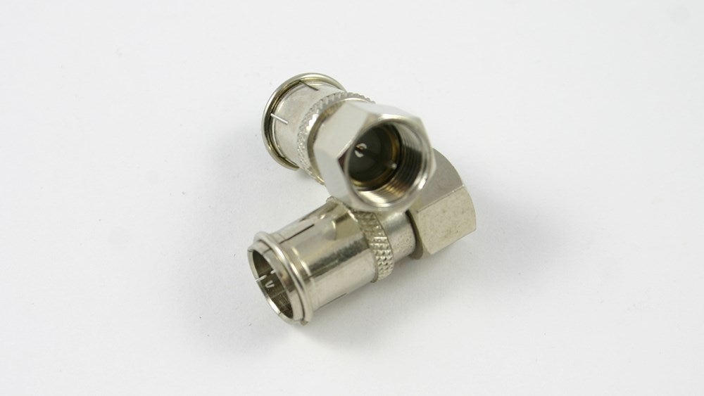 F male threaded plug to F male quick-disconnect adaptor for fast-release TV, MATV, satellite and coaxial connections.