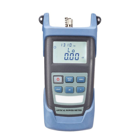 Portable fibre optic power meter for accurate optical signal testing across multiple wavelengths, ideal for installation and maintenance.