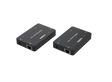 Two black HDMI extenders over Cat6 cables, with PODIUMAV branding visible on the devices.