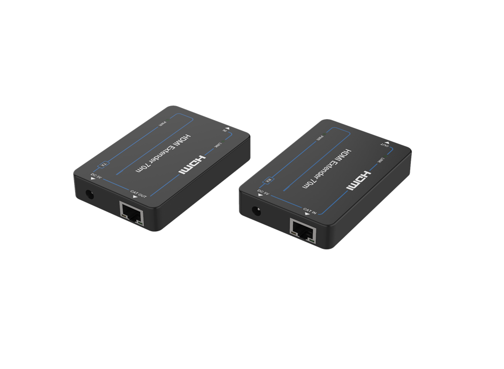 Two black HDMI extenders over Cat6 cables, with PODIUMAV branding visible on the devices.