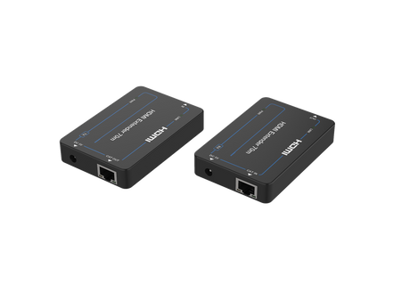 Two black HDMI extenders over Cat6 cables, with PODIUMAV branding visible on the devices.