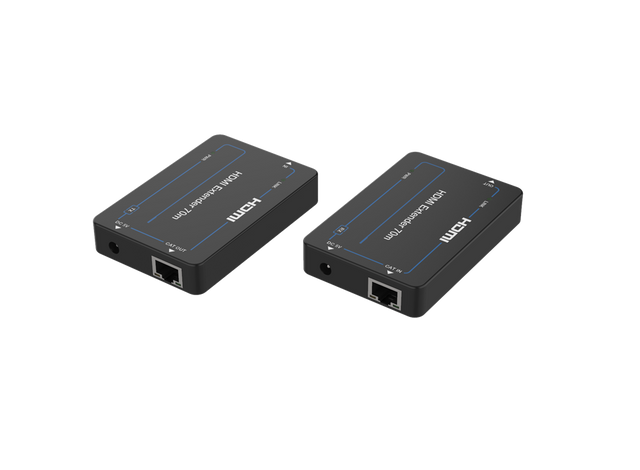 Two black HDMI extenders over Cat6 cables, with PODIUMAV branding visible on the devices.