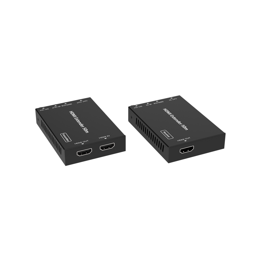 Two black HDMI extenders over Cat6 cables with IR control, displaying HDMI and Cat6 ports.