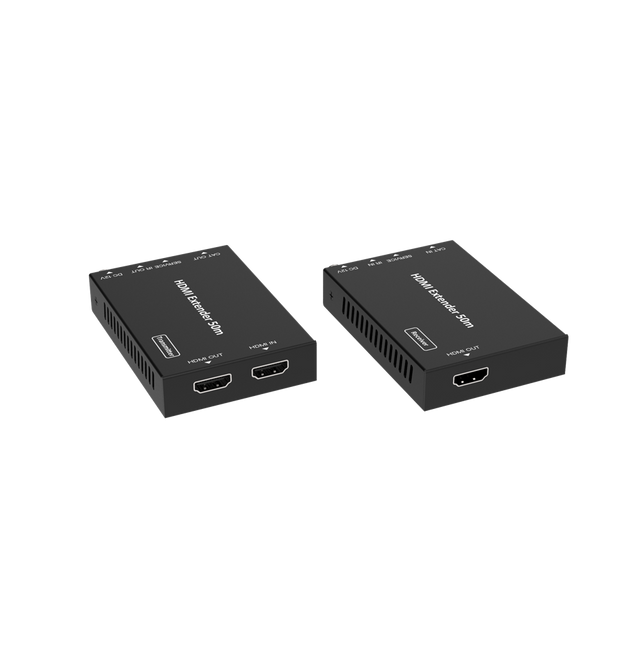 Two black HDMI extenders over Cat6 cables with IR control, displaying HDMI and Cat6 ports.