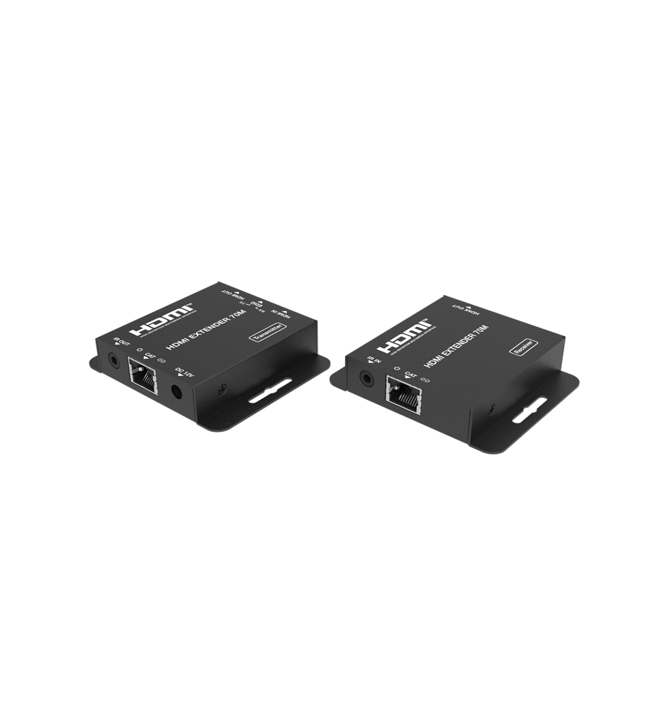 Two black HDMI extenders over Cat6 with IR transmission, displayed against a white background.