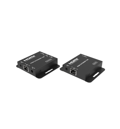 Two black HDMI extenders over Cat6 with IR transmission, displayed against a white background.