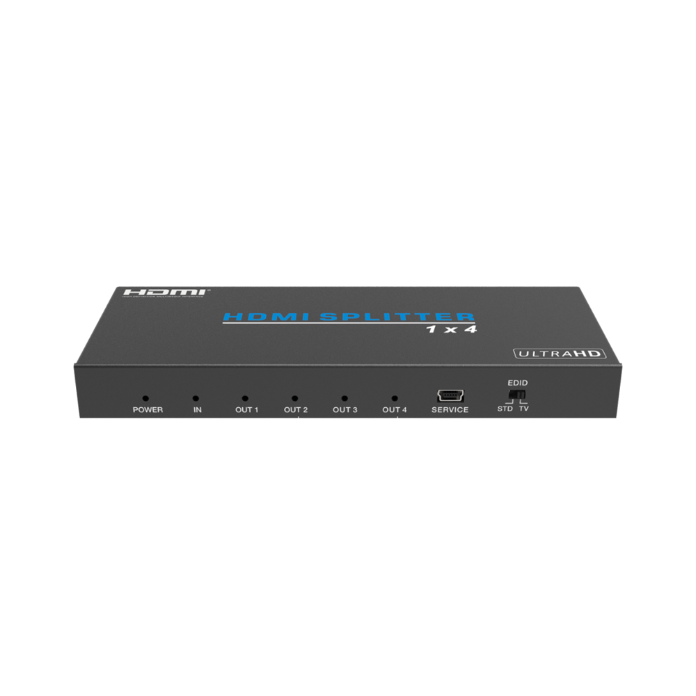 Podium AV HDMI Splitter 1 In 4 Out with 4K Ultra HD support, HDCP compliance, and signal amplification for high-quality multi-screen display.