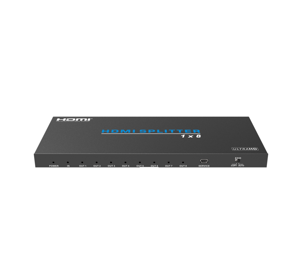 Podium AV HDMI Splitter 1 In 8 Out with 4K Ultra HD support, HDCP compliance, and signal amplification for high-quality multi-screen display.
