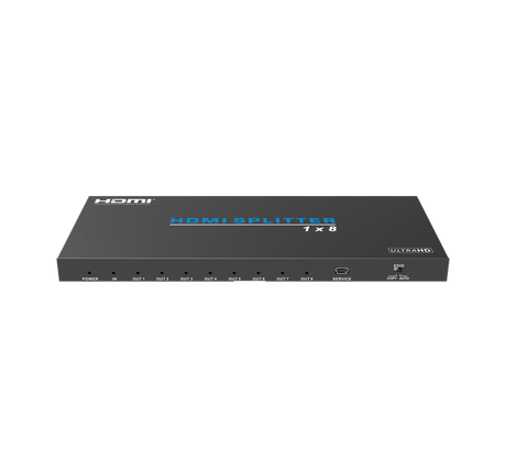 Podium AV HDMI Splitter 1 In 8 Out with 4K Ultra HD support, HDCP compliance, and signal amplification for high-quality multi-screen display.