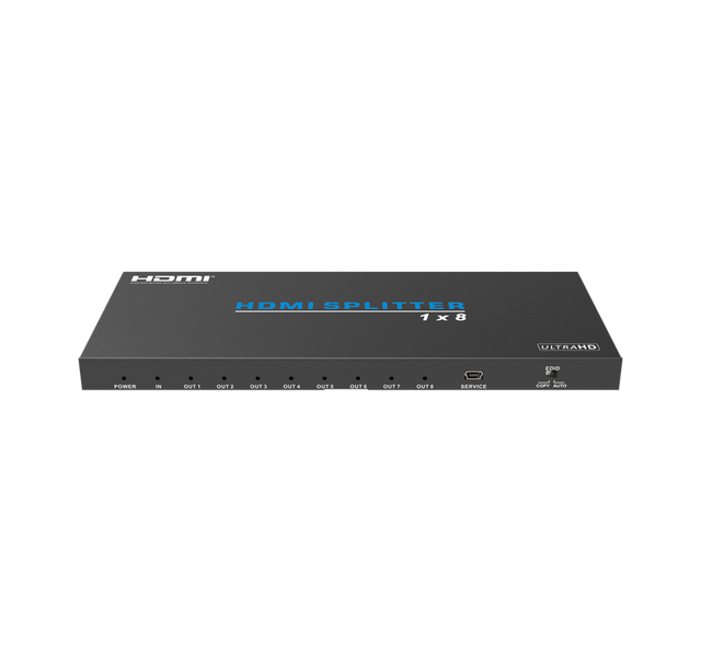 Podium AV HDMI Splitter 1 In 8 Out with 4K Ultra HD support, HDCP compliance, and signal amplification for high-quality multi-screen display.