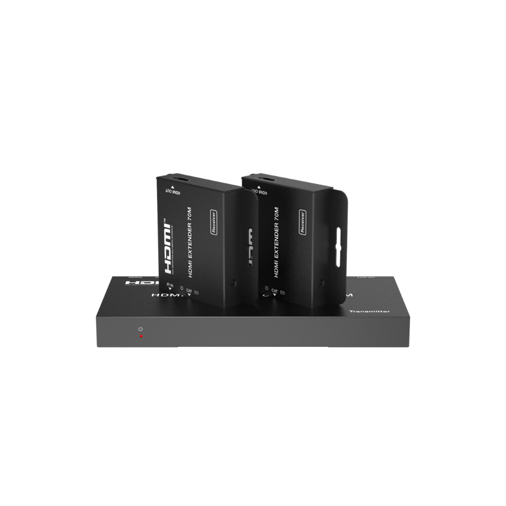 A black HDMI splitter/extender set with one transmitter and two receivers over a Cat6 connection, designed for distributing HDMI signals.