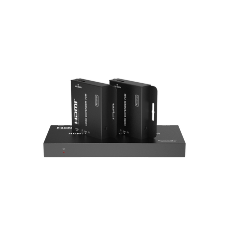 A black HDMI splitter/extender set with one transmitter and two receivers over a Cat6 connection, designed for distributing HDMI signals.