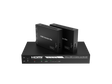 A black HDMI splitter/extender set including one main unit and two receivers, labeled for 4K resolution and Cat6 cable support.