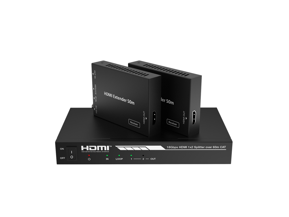 A black HDMI splitter/extender set including one main unit and two receivers, labeled for 4K resolution and Cat6 cable support.