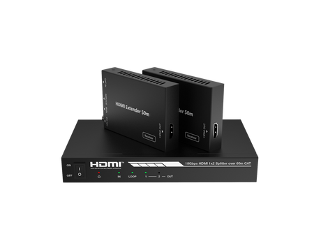 A black HDMI splitter/extender set including one main unit and two receivers, labeled for 4K resolution and Cat6 cable support.