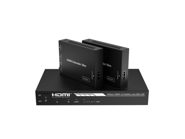A black HDMI splitter/extender set including one main unit and two receivers, labeled for 4K resolution and Cat6 cable support.