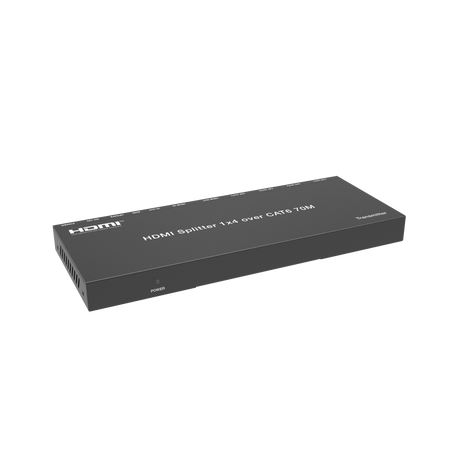 A black HDMI splitter/extender device labeled 'HDMI Splitter 1x4' with one HDMI input and four HDMI outputs, designed to