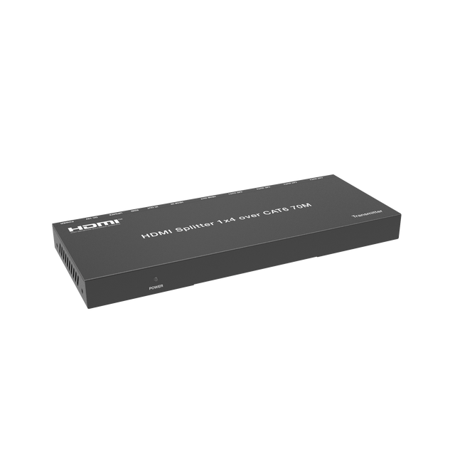 A black HDMI splitter/extender device labeled 'HDMI Splitter 1x4' with one HDMI input and four HDMI outputs, designed to