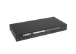 A black HDMI splitter/extender device with one input and four outputs over Cat6 cable, with visible HDMI ports and branding on the front panel.