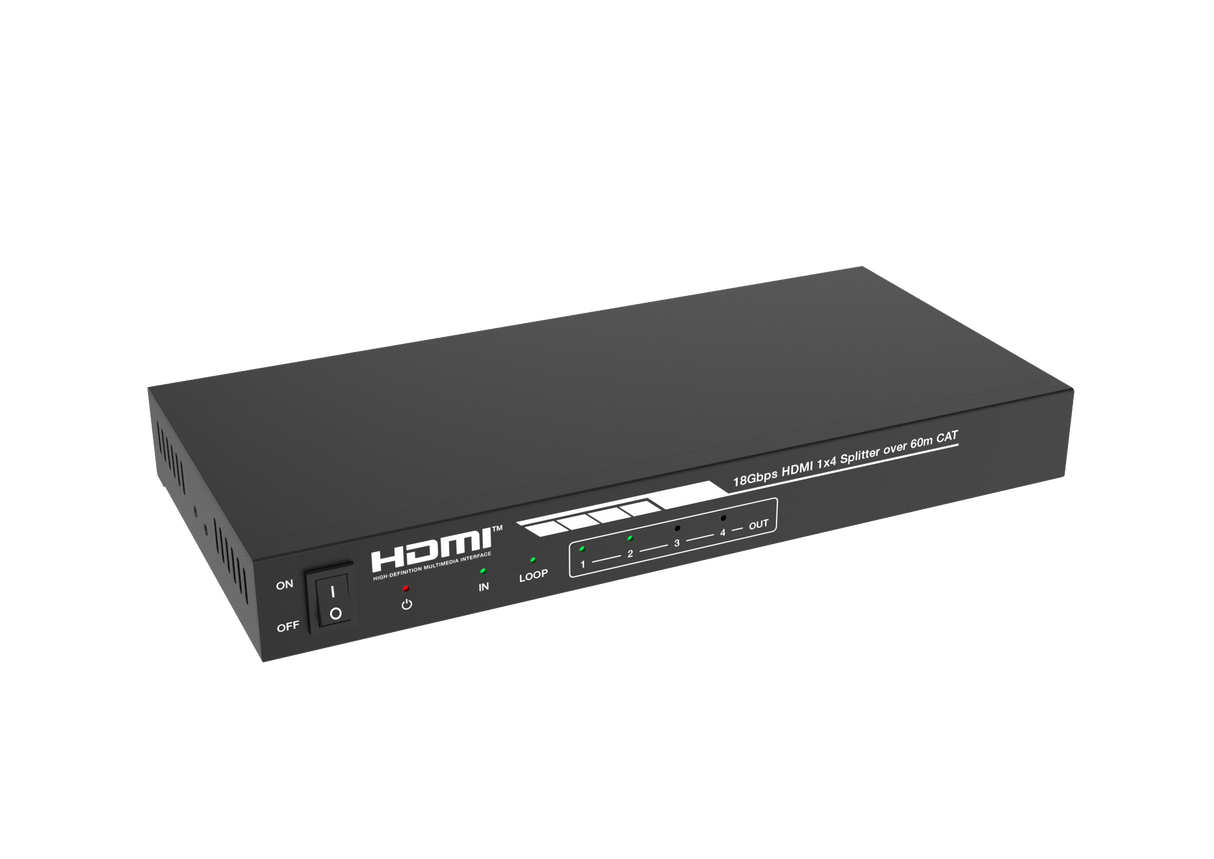 A black HDMI splitter/extender device with one input and four outputs over Cat6 cable, with visible HDMI ports and branding on the front panel.