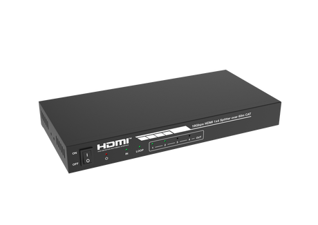 A black HDMI splitter/extender device with one input and four outputs over Cat6 cable, with visible HDMI ports and branding on the front panel.