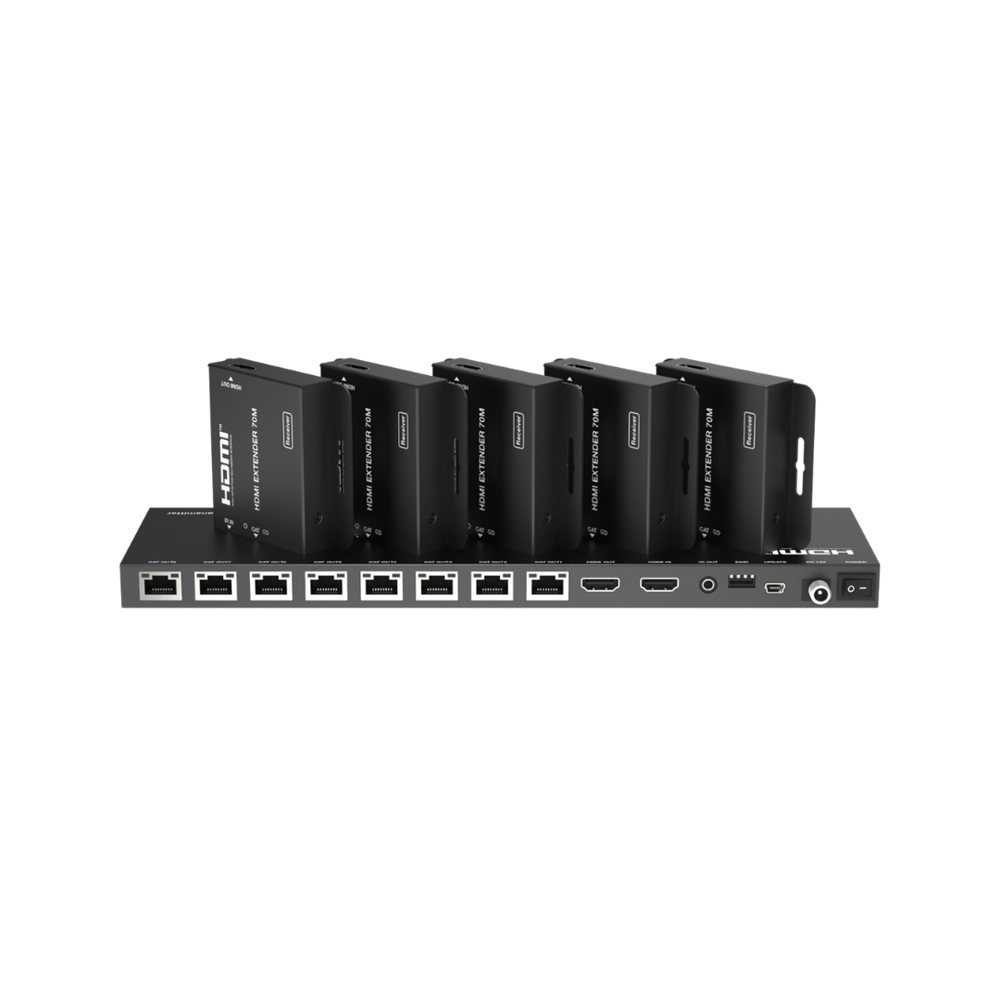 A black HDMI splitter/extender device with one HDMI input and eight HDMI outputs, designed to distribute HDMI signals over Cat6 cables.