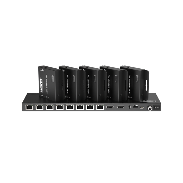 A black HDMI splitter/extender device with one HDMI input and eight HDMI outputs, designed to distribute HDMI signals over Cat6 cables.