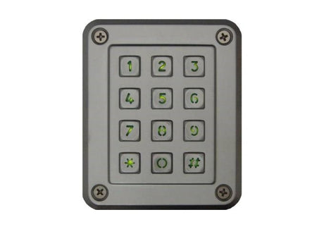 IP67 stainless steel backlit keypad for access control and industrial use, dust and water resistant with illuminated keys.