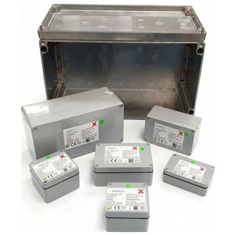 IP68 aluminium junction box, 100mm x 100mm x 81mm, natural finish, with stainless steel mounting screws and copper-coated earthing screws.