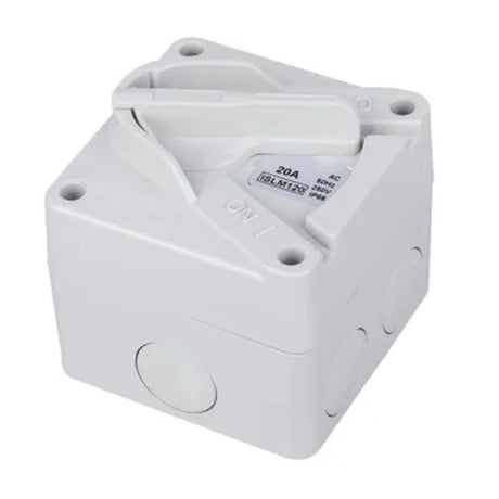 2 Pole 20A IP66 weatherproof isolator switch with lockable rotary handle and UV-stabilised, impact-resistant enclosure for outdoor use.