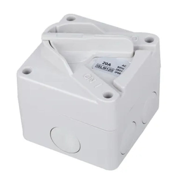 2 Pole 20A IP66 weatherproof isolator switch with lockable rotary handle and UV-stabilised, impact-resistant enclosure for outdoor use.
