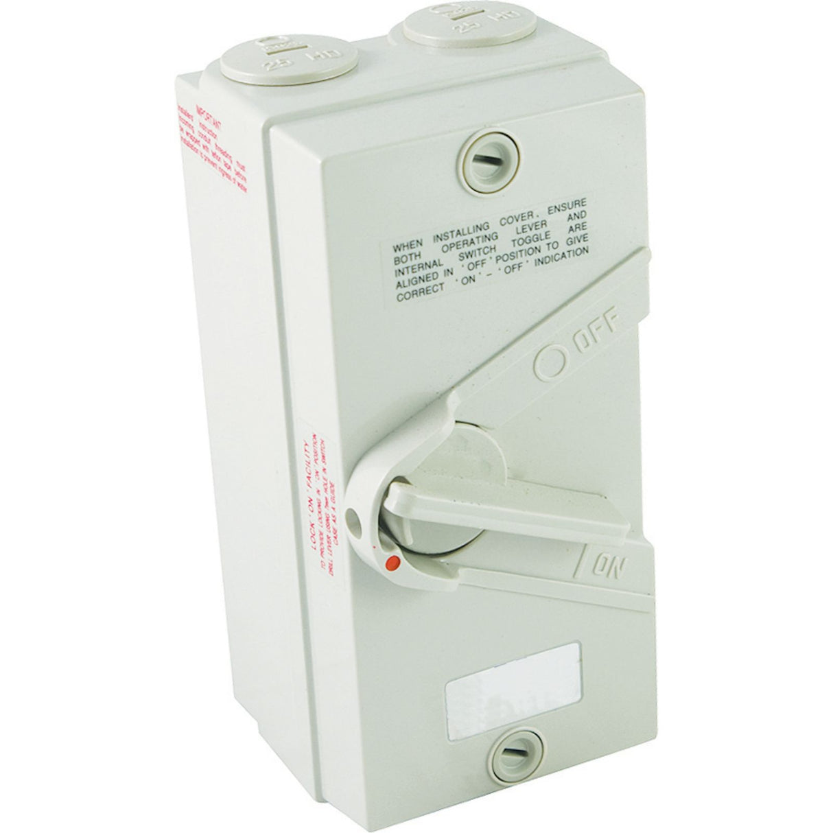 4 Pole 20A IP66 weatherproof isolator switch with lockable handle, UV-stabilised enclosure, and durable outdoor design.