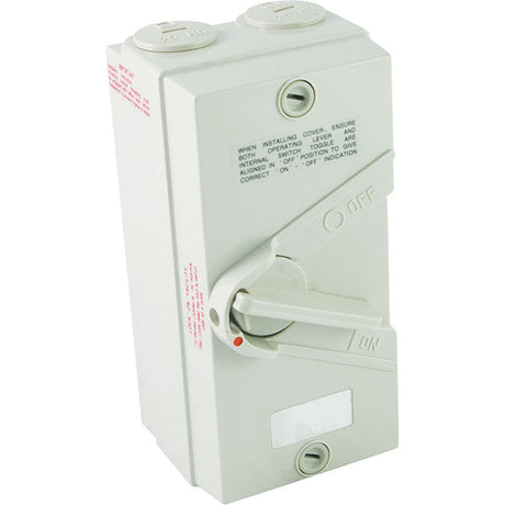 4 Pole 20A IP66 weatherproof isolator switch with lockable handle, UV-stabilised enclosure, and durable outdoor design.