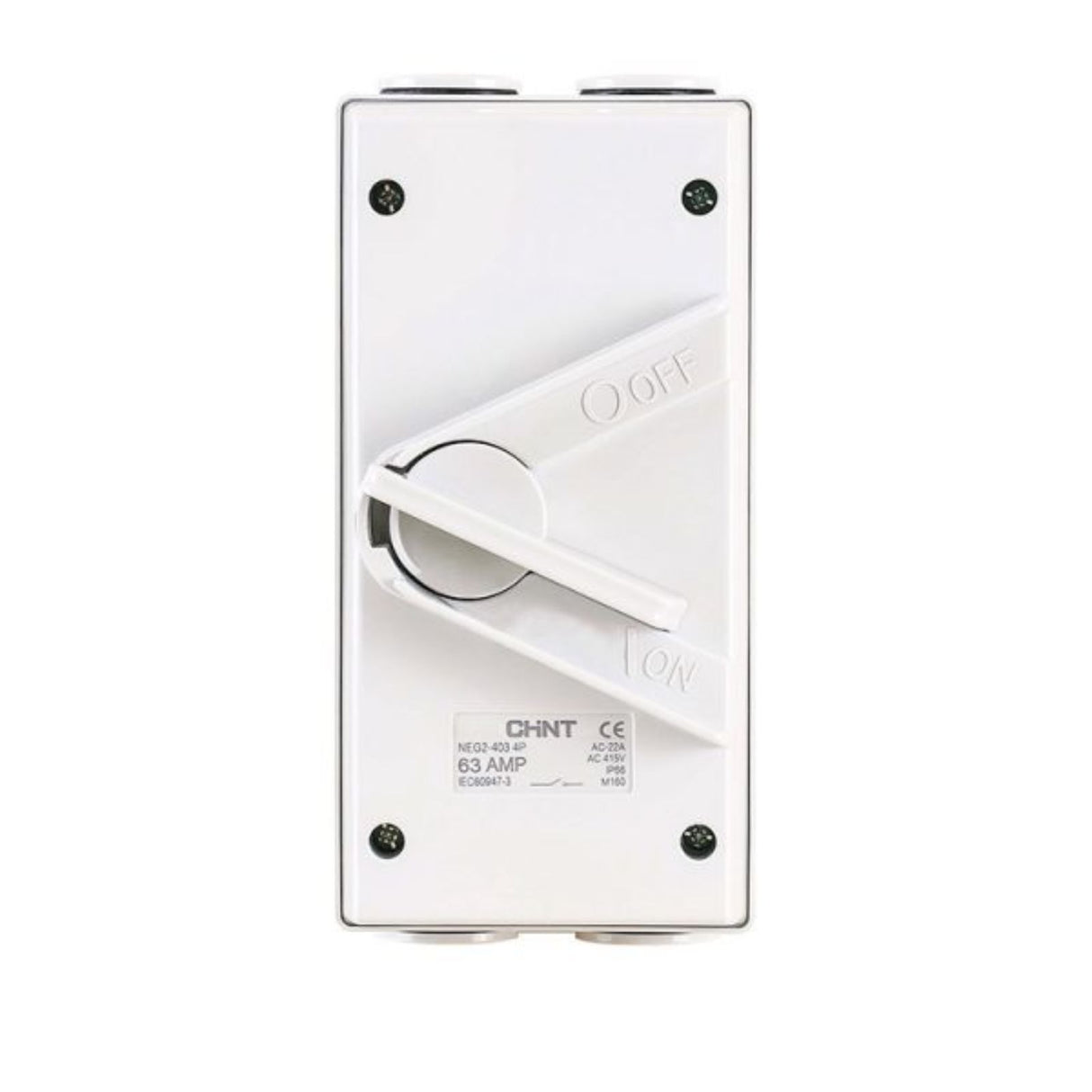 4 Pole 63A IP66 weatherproof isolator switch with UV-stabilised enclosure, lockable handle, and high-capacity electrical load handling.