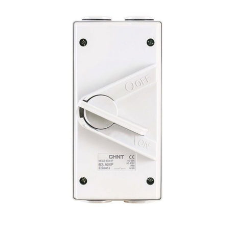 4 Pole 63A IP66 weatherproof isolator switch with UV-stabilised enclosure, lockable handle, and high-capacity electrical load handling.
