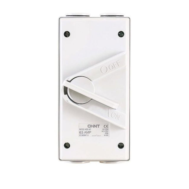 4 Pole 63A IP66 weatherproof isolator switch with UV-stabilised enclosure, lockable handle, and high-capacity electrical load handling.
