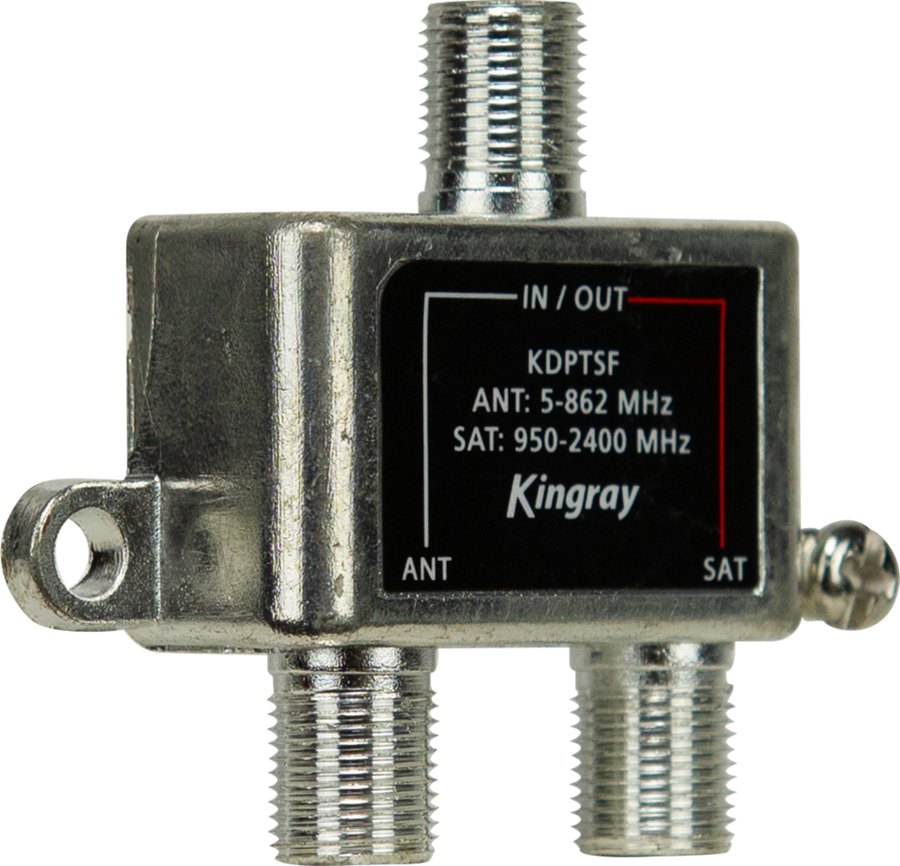 Kingray Diplexer 5–2400 MHz RF combiner/splitter with F‑type connectors for joining or separating TV and satellite signals.