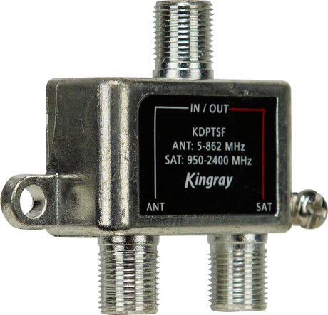 Kingray Diplexer 5–2400 MHz RF combiner/splitter with F‑type connectors for joining or separating TV and satellite signals.
