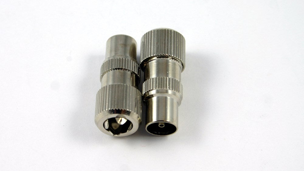 Male metal coaxial plug with screw-type termination for television, antenna, MATV and coaxial cable installations.