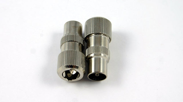 Male metal coaxial plug with screw-type termination for television, antenna, MATV and coaxial cable installations.