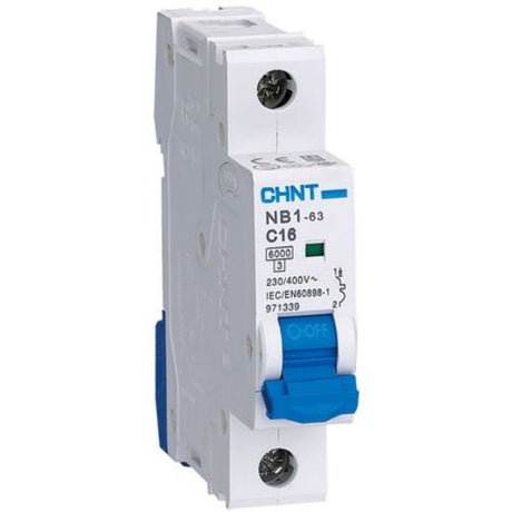 1 Pole MCB rated 10A with 6kA breaking capacity and C curve for overload protection in lighting and general electrical circuits.