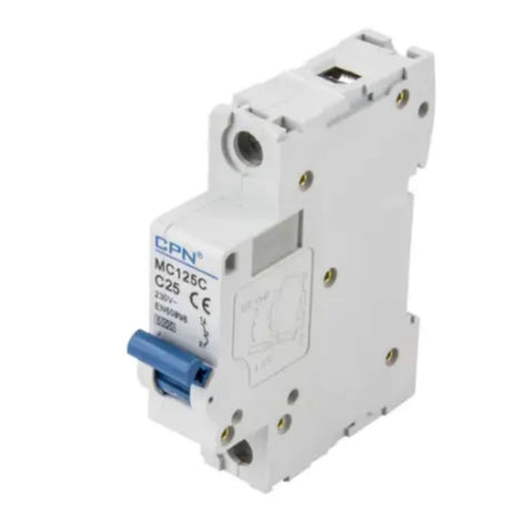 MCB 1 Pole 25A with 6kA protection and C curve for moderate inrush current circuits in residential, commercial, or light industrial setups.