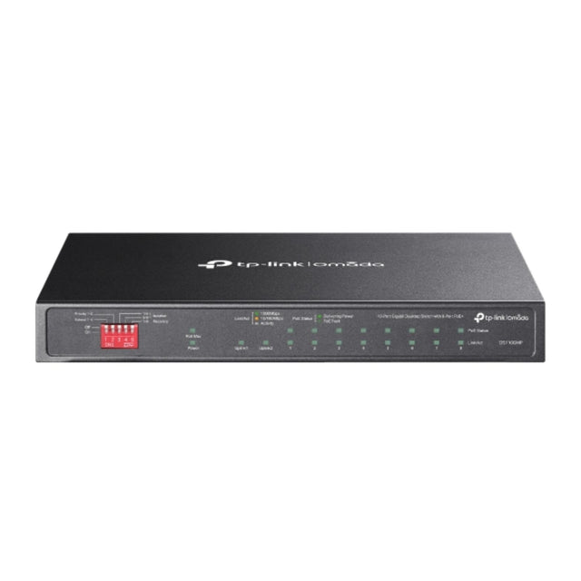 Omada 10-Port Gigabit Desktop Switch with 8 PoE+ ports and 2 uplinks for compact, high-speed business networking and device power.