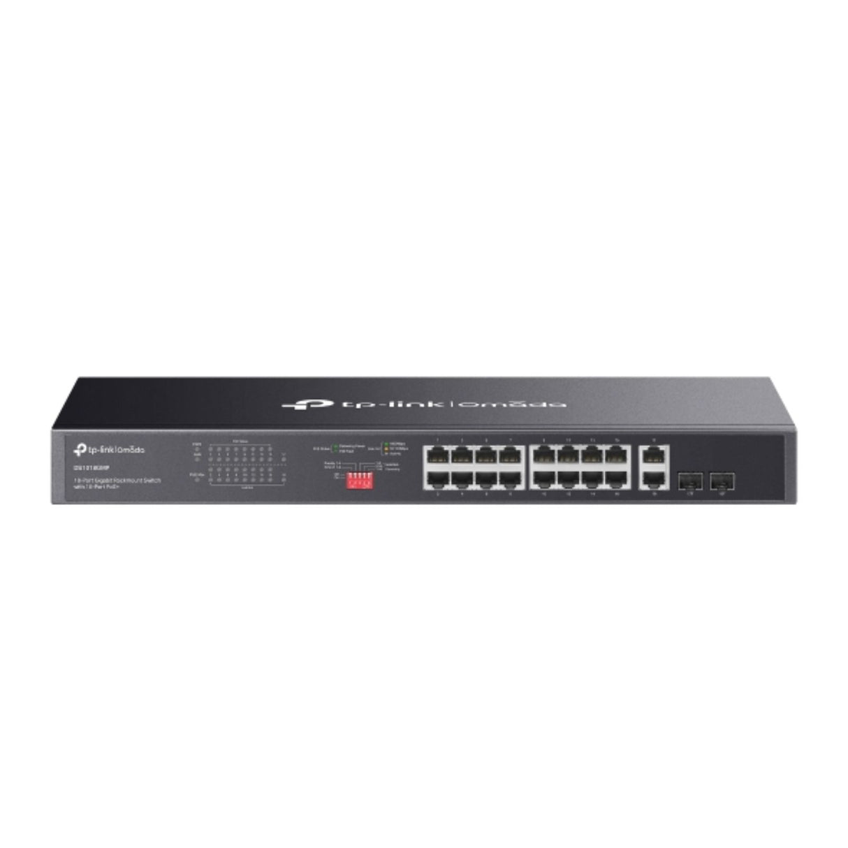 Omada 18-Port Gigabit Rackmount Switch with 16 PoE+ ports and 2 SFP uplinks for scalable, cloud-managed business networking.
