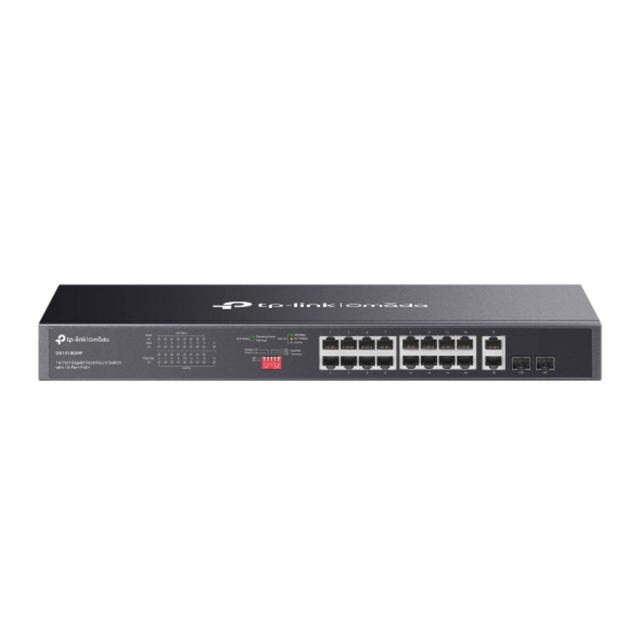 Omada 18-Port Gigabit Rackmount Switch with 16 PoE+ ports and 2 SFP uplinks for scalable, cloud-managed business networking.