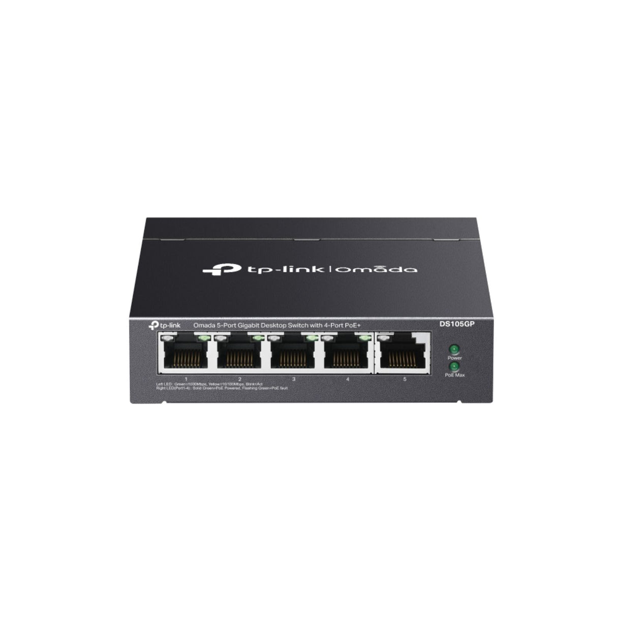 Omada 5-Port Gigabit Desktop Switch with 4 PoE+ ports and 1 uplink for reliable power and network access in compact business setups.